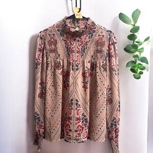 Living Doll Pink Floral Blouse with Smocked Chest and Ruffled Mock Neck L XL